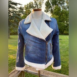 NWT Denim Biker Jacket Teddy Borg Sherpa Lined 100% Cotton - Y2K baddie